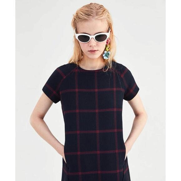 Zara Women's Blue Plaid Checkered Knit Short Sleeve Mini T-Shirt Dress Size XS - Picture 2 of 8